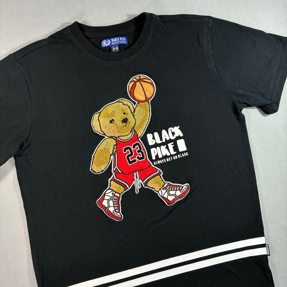 Black Pike Teddy Bear 23 Basketball Graphic T Shirt Mens Small Youth 18-20